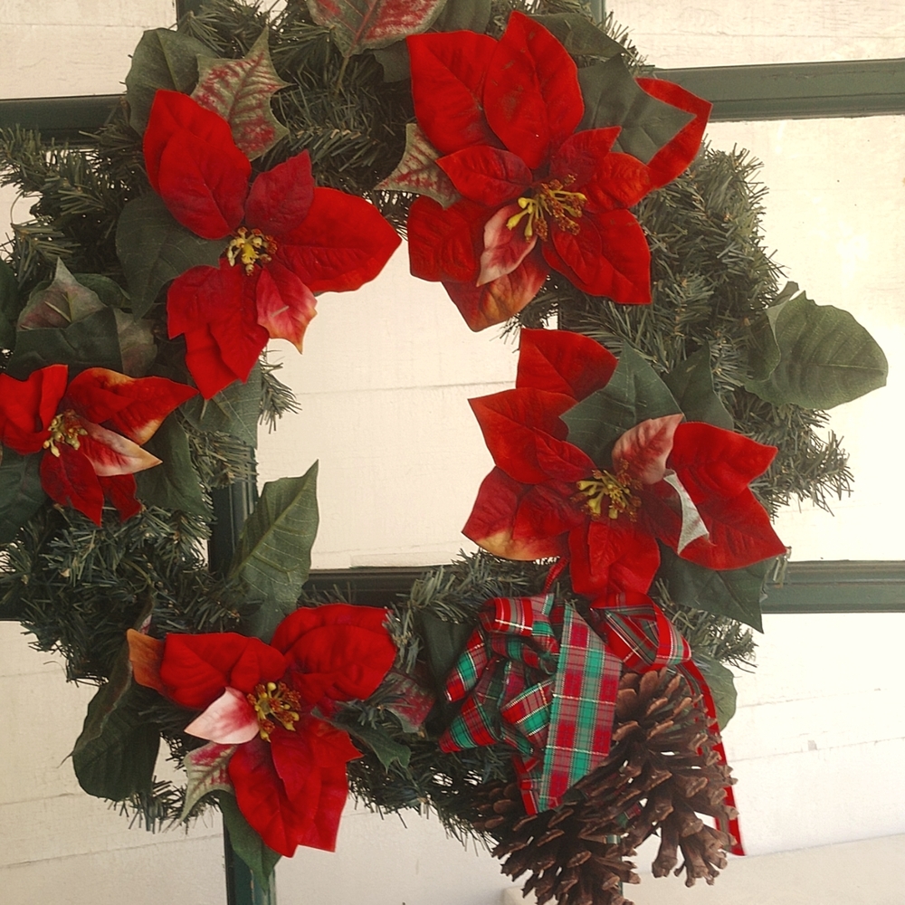 Handmade Faux Poinsettia Wreath with Giant Pinecones